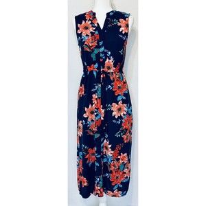 Talbots Women’s Petite Tropical Floral Navy Maxi Button Front Dress Size 10p
